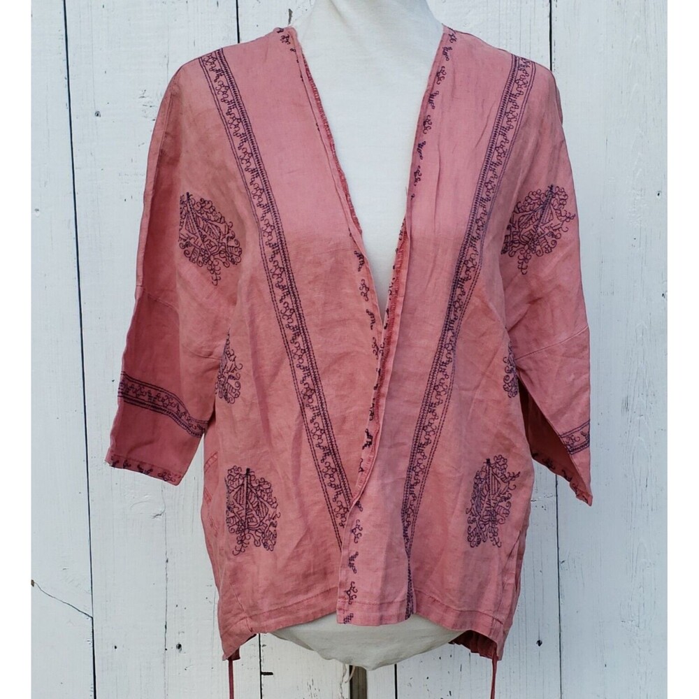 XCVI Women's Pink Embroidered 100% LINEN 3/4 Sleeve Relaxed Open Cardigan Sz S